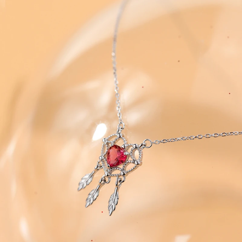 Серебряное красное сердце, Ловец снов, перо, ожерелье 925 AAA, сердце, циркон, подвески, ожерелье для женщин, модное ожерелье, ювелирные изделия для девушек