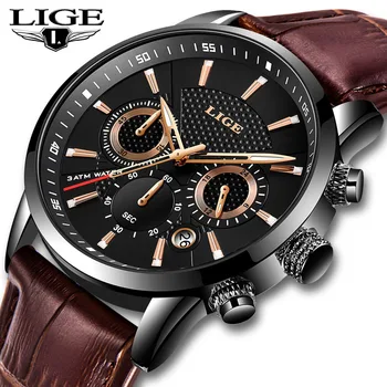 

LIGE Mens Watches Top Brand Luxury Leather Casual Quartz Watch Men Military Sport Waterproof Clock Gold Watch Relogio Masculino