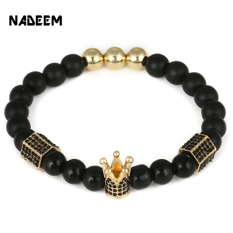 

NADEEM Wholesal Micro Pave CZ Imperial Crown Charm Bracelets Men Natural Matte,Onyx Stone Bead Bracelet For Women Men Jewelry