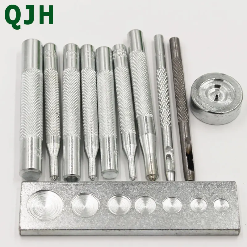 

QJH 11PCS/set Metal Leather Craft Tool Die Hole Punch Snap Fastener Installation Kit Rivet Setter Base Set For DIY Leathercraft