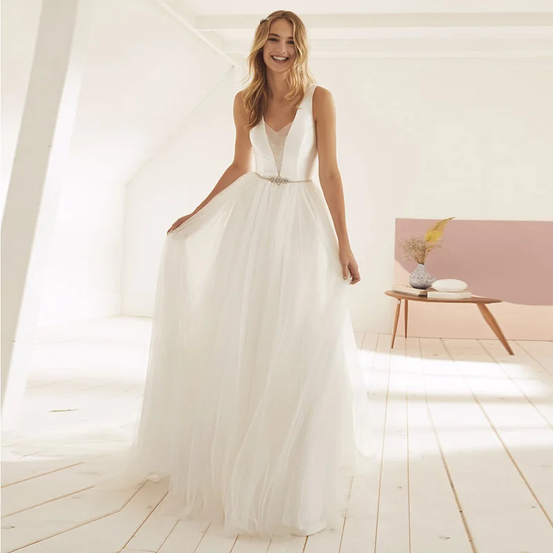 

Eightale Simple Wedding Dress Beach 2019 V Neck Beaded Sashes Backless Bridal Gown Boho Wedding Party Dress trouwjurk