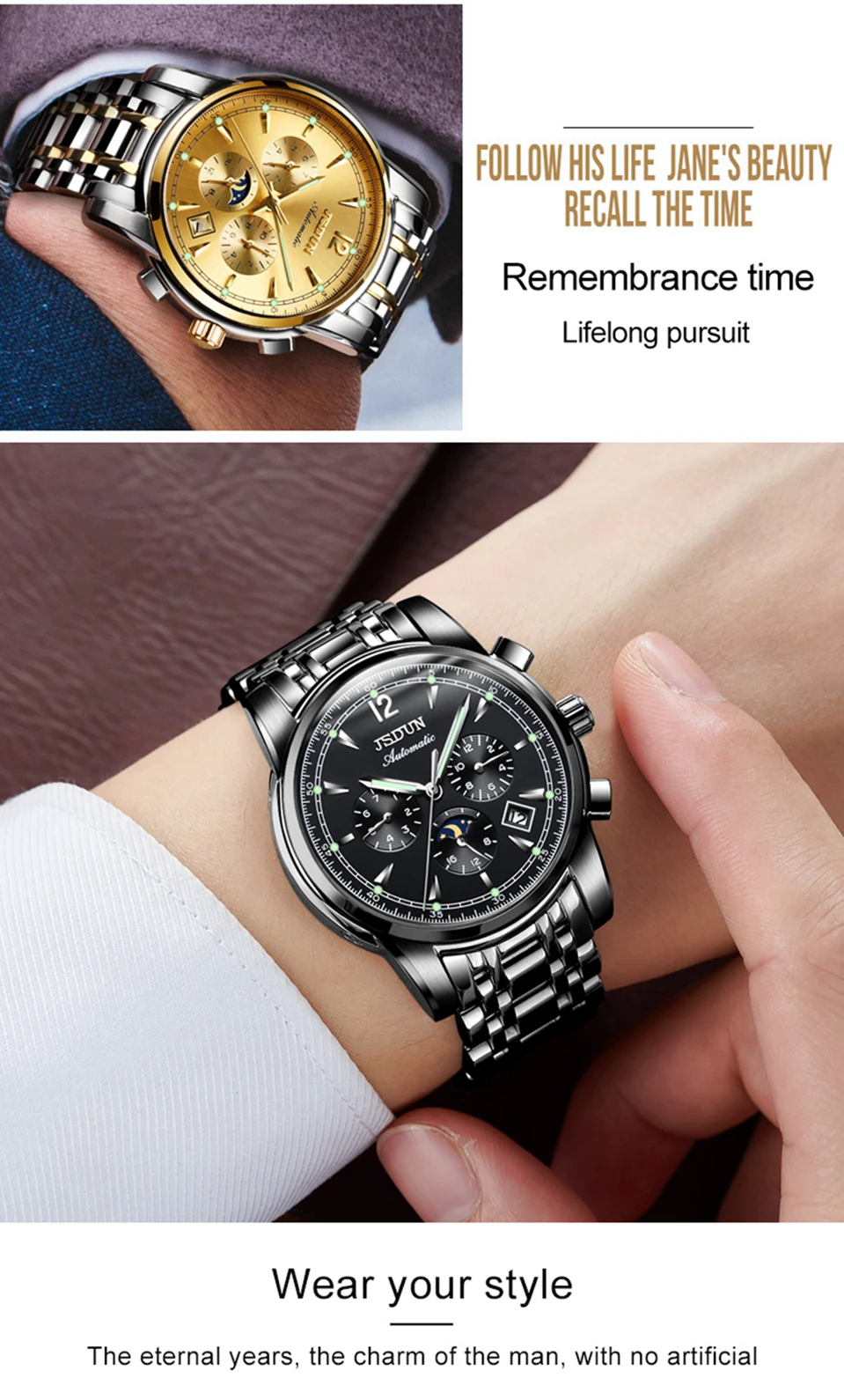 Пару часов из нержавеющей стали механические часы люксовый бренд JSDUN многофункциональный автоматический наручные часы relogio masculino saat