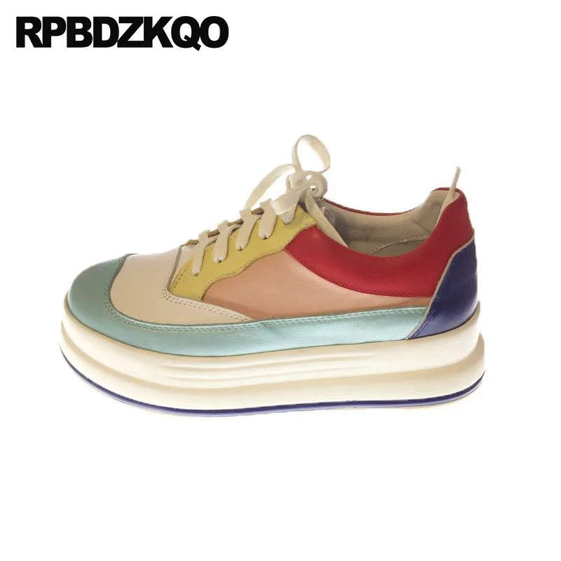 

Lace Up Muffin Women Sneakers Brand Thick Sole Creepers Platform Shoe Designer Harajuku Elevator Genuine Leather Casual Colorful