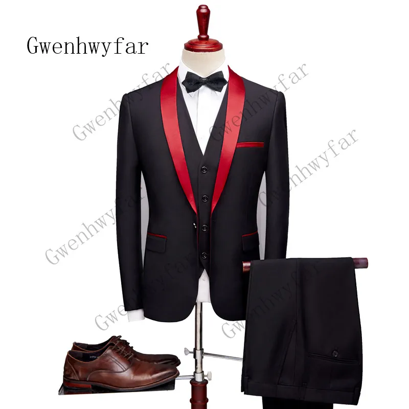 

Gwenhwyfar (Jacket+Pants) Black Men Suit With Red Shawl Lapel Groom Tuxedos Men Wedding Blazer Latest Coat Pant Designs