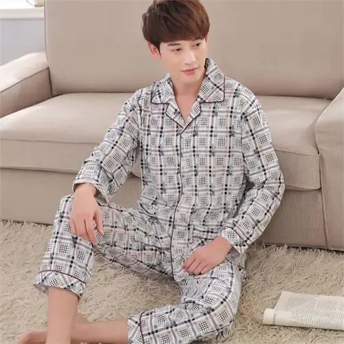 Мужские весенне-осенние пижамные комплекты из хлопка, Мужская пижама клетчатая одежда высокого качества с длинными рукавами, вязаная домашняя одежда - Цвет: 11813