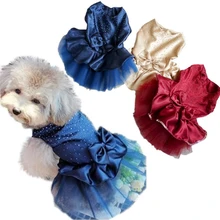 Летнее элегантное голубое, золотое, красное, розовое, Сетчатое свадебное платье для щенков с бриллиантами, Гладильные юбки для питомцев, одежда для собак с бантом
