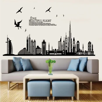 

Dubai Silhouette Wall Sticker For Living Room Sofa Background Decoration Home Decal Building Removable Pvc Plane Window Poster