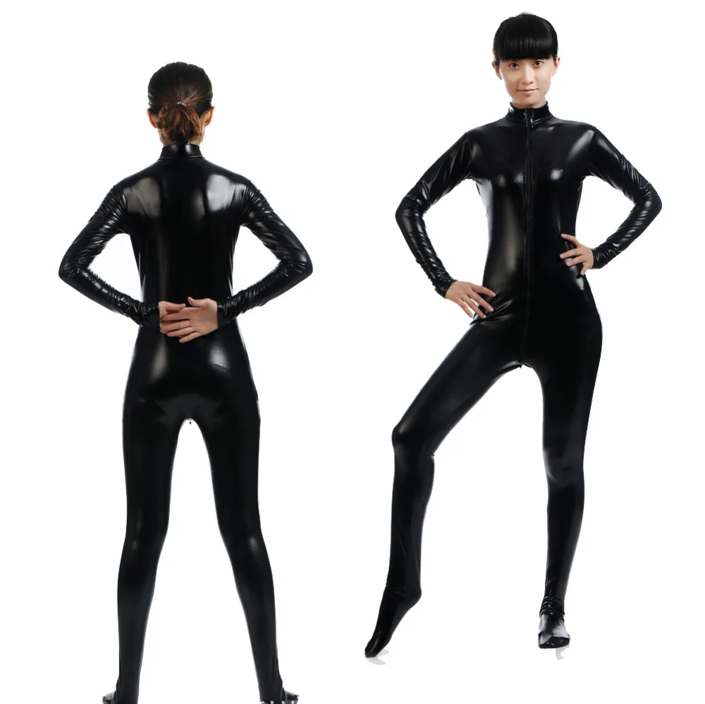 S XXL Sexy Men Women Unisex Full Bodysuit Black Leather Catsuit Spandex ...