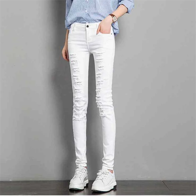 

2019 Ripped Slim Jeans for Women Skinny Elastic Full Length Zipper Fly White Black Sexy Hole High Waist Pencil Jeans