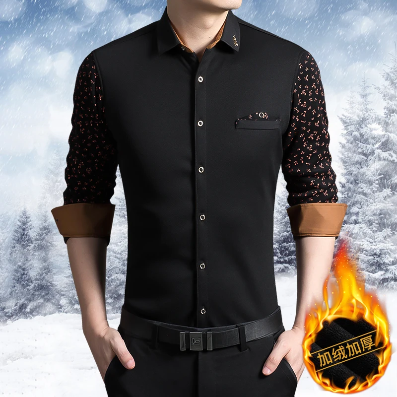 Autumn Winter New British Fashion Korean Male Plush Warm Shirts Printed Busimess Casual Flower Sleeve Long Sleeve shirt