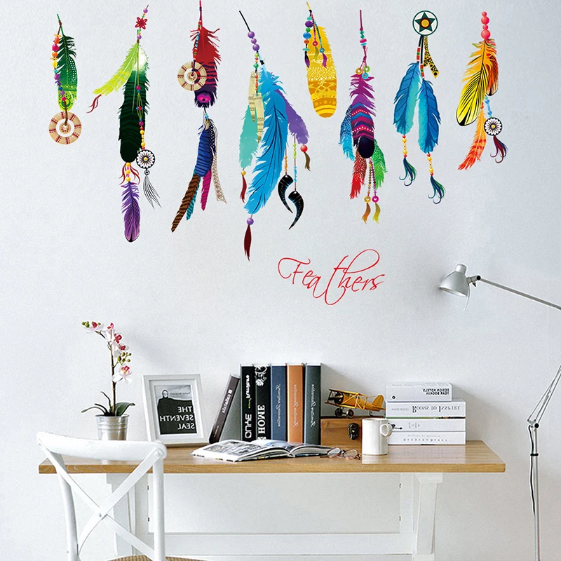Colorful Dream Catcher Flying Feather Wall Stickers Symbol Home Decor Bedroom Accessories Living Room Decal Mural Art Poster