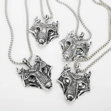 Viking amulet nordic rune odin raven wolf head pendant necklace with gift bag Retro Men's Accessories running with raven