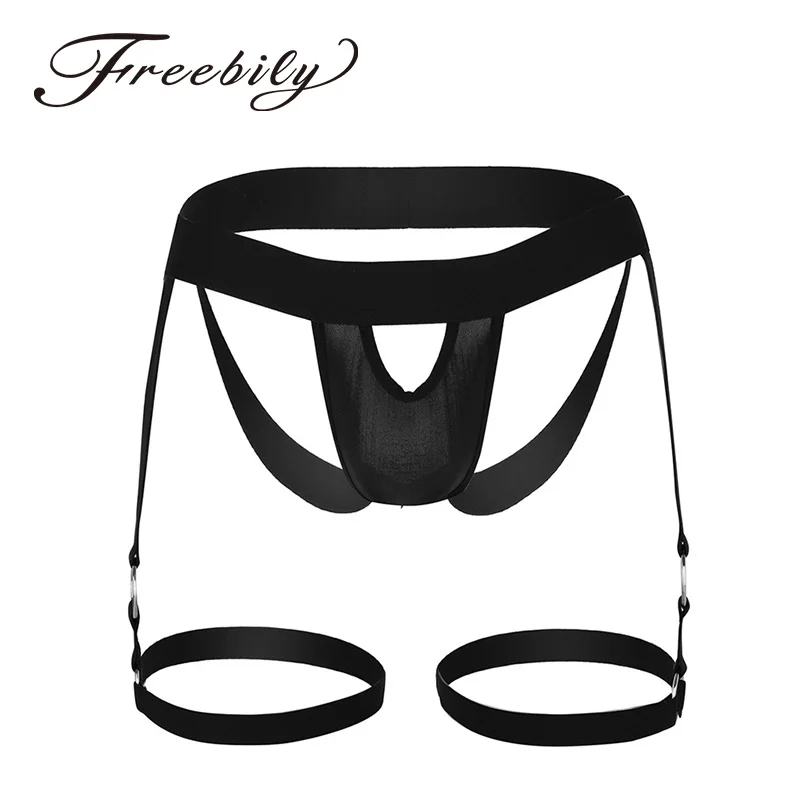 

Black Mens Lingerie Bulge Pouch Open Butt Jock Strap G-string Briefs Underwear with Leg Garters Band and O-rings Unique Design