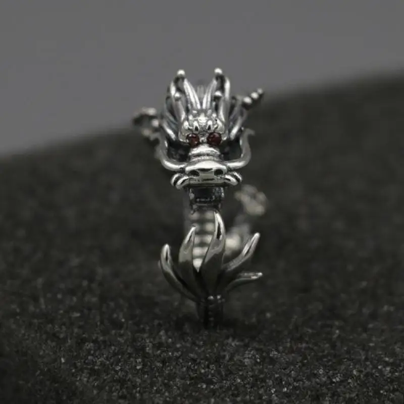 Настоящее твердое 925 Серебряное кольцо с драконом, Ретро стиль, для мужчин, открытый размер, регулируемые тайские серебряные кольца, мужские аксессуары, ювелирные изделия