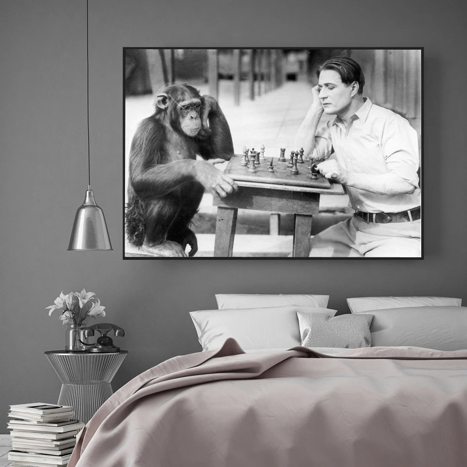 

SPLSPL Chess Retro Black and White Canvas Painting Funny Posters and Prints Wall Art Pictures For Living Room Home Decoration