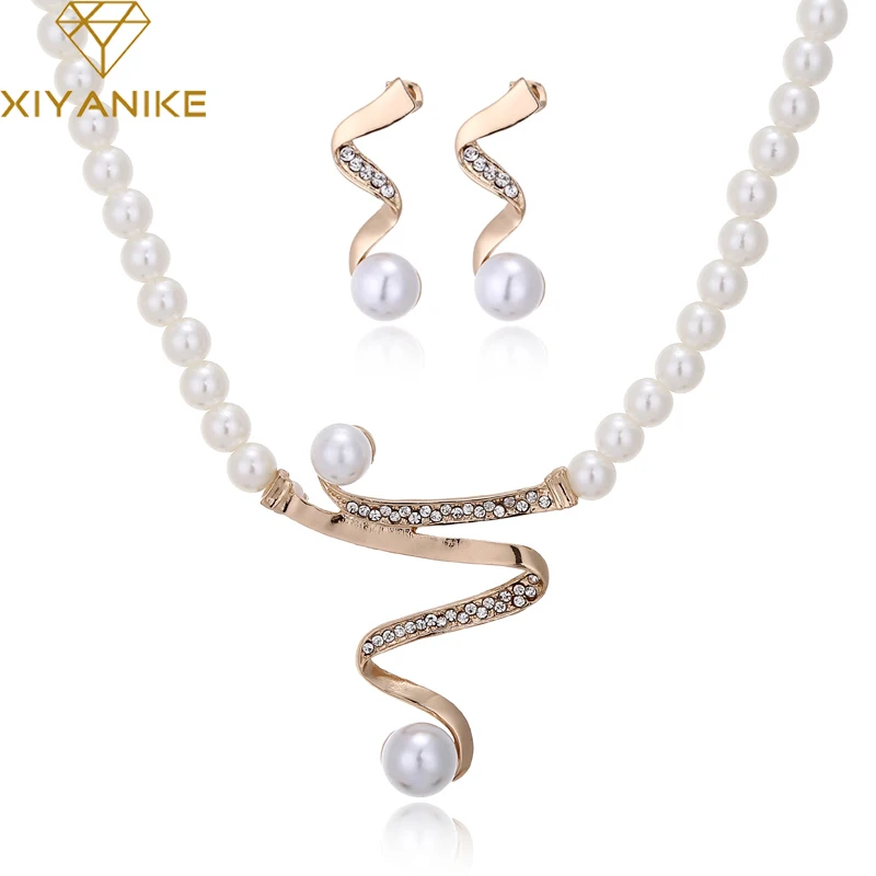 

XIYANIKE New Imitation Pearl Bridal Jewelry Set Fashion Rhinestone Necklace Earrings Women Gold Color Wedding Jewelry Sets N565