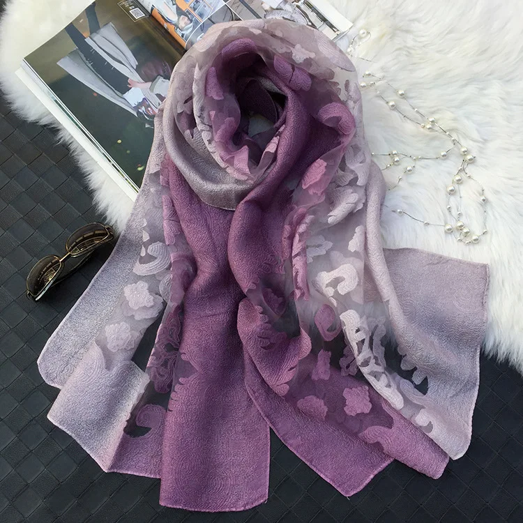 

2019 Spring New Fashion Women Cut Flowers Hollow Lace Gradient Silk Scarf Shawls And Wraps Towel Female Beach Towel