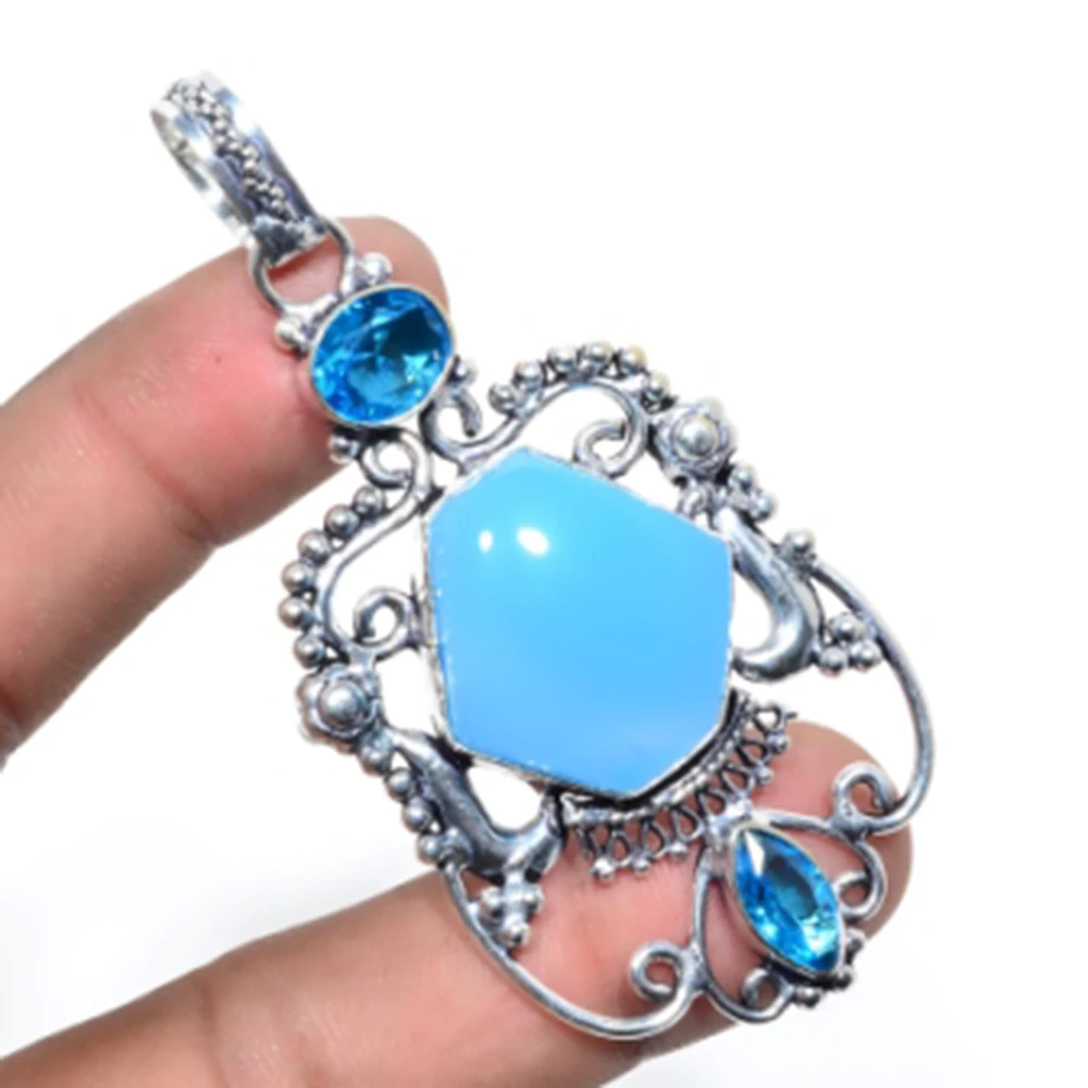 

Chalcedony,Blue Topas Pendant Silver Overlay over Copper, USA Size 75 mm , P5950