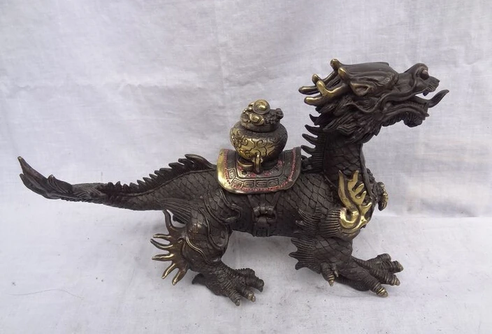 

Collectible bronze S1283 13" Chinese Bronze Wealth Treasure Basin YuanBao Dragon Unicorn Kylin Zun Statue B0403