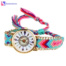 Reloj pulsera de mujer con tejido trenzado estilo Vintage de viento nacional diseño de plumas reloj de pulsera analógico de cuarzo para mujer