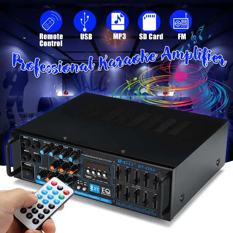 

Professional 2CH bluetooth Home Power Stereo Amplifier with Remote Controller USB/SD Card MP3 Player FM Radio Karaoke Effect