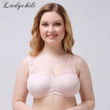

Ladychili Women Intimates Big Girl Big Breast Wide Strap Wide Bra Pink Lace Seamless Wire Free Bra Top 3 Back Hooks Support WD10