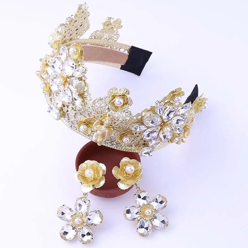 

Vintage Baroque Blue Rhinestone Crystal Big Crown Tiara de Noiva Flower Diadem Earring Wedding Accessories Bride Jewelry Sets VL