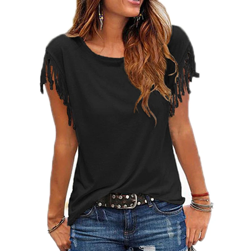 

Drop shipping Women Cotton Tassel Casual T-shirt Sleeveless Solid Color Tees Short Sleeve O-neck Women's Clothing t shirt