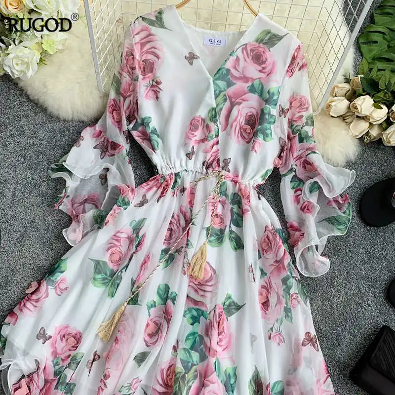 

RUGOD Women Elegant Floral Print Chiffon Dress V Neck Flare Sleeve Belted Midi Dress Slim Tunic Dress Vestidos Mujer