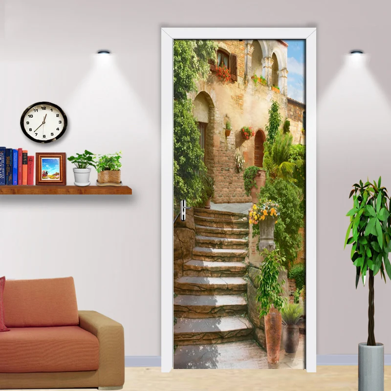 3D наклейки на двери ПВХ Самоклеящиеся водостойкие европейские садовые городские настенные наклейки настенная бумага Гостиная Дверь Декор наклейка плакат