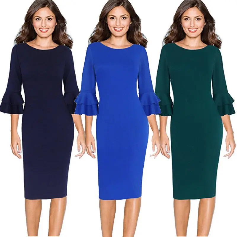 Women Flare Bell Sleeves Dress Work Office Ladies Three Quater Sleeves