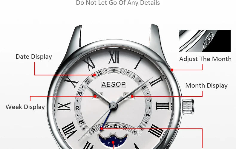 Aesop часы мужские роскошные Moon Phase кварцевые наручные часы из нержавеющей стали мужские часы водонепроницаемые Relogio Masculino