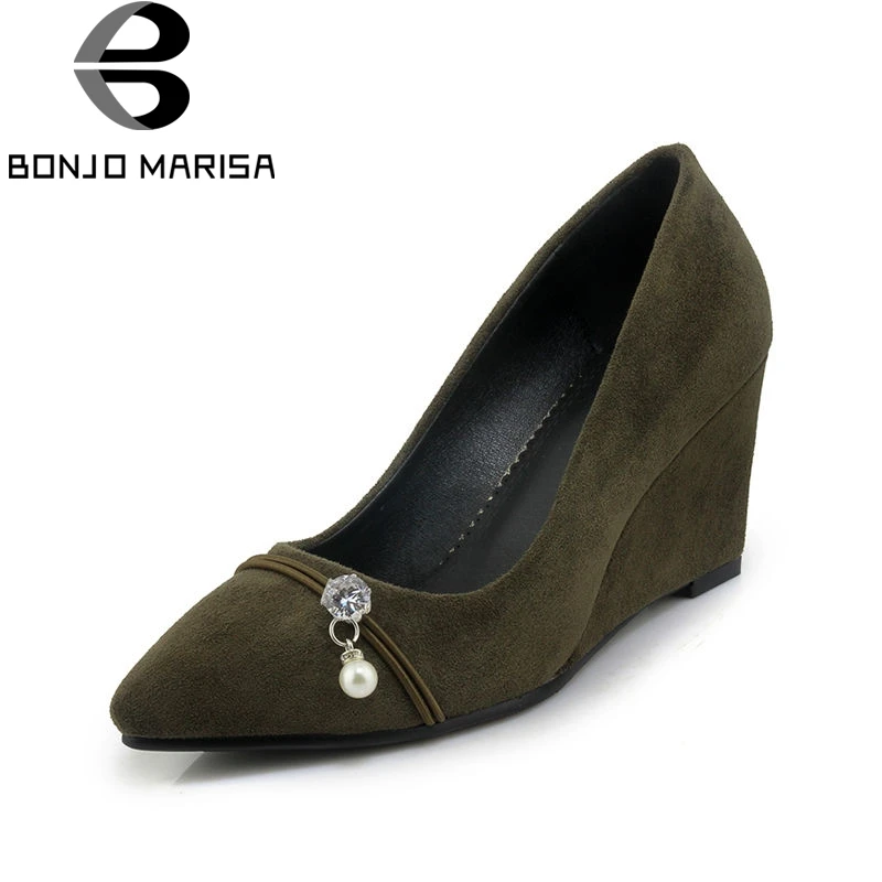

BONJNOMARISA 2018 Spring Autumn Sexy Women Shallow Pumps High Wedges Bead slip-on Shoes Woman Big Size 32-42 Casual Shoes