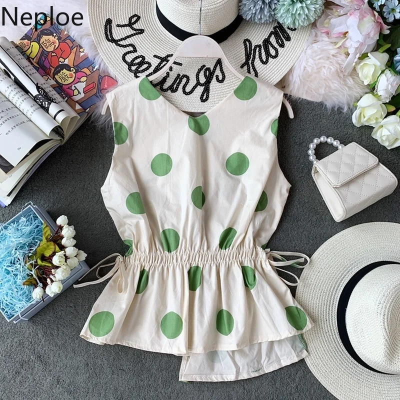 

Neploe Polka Dot Print Women Top Summer 2019 New V-Neck Sleeveless Blouse Fashion Slim Wasit Drawstring Ladies Shirts 44531