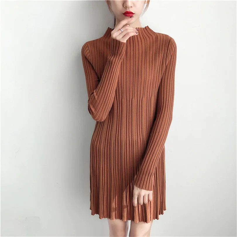 Elegant Long Sleeve Patchwork Knitted Women Sweater Dress Loose Stand Collar A Line Solid Female Pullover Jumper Undershirt | Женская