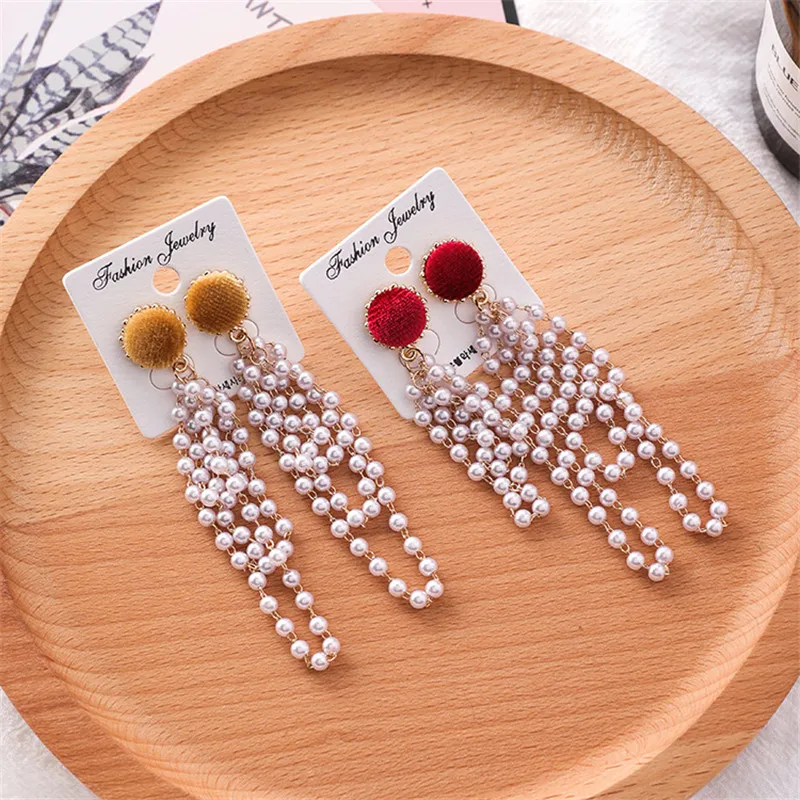 New Elegant Velvet Button Long Beaded Pearl Tassel Drop Earrings for Women Fashion Jewelry Statement Dangle Earring 6G2011