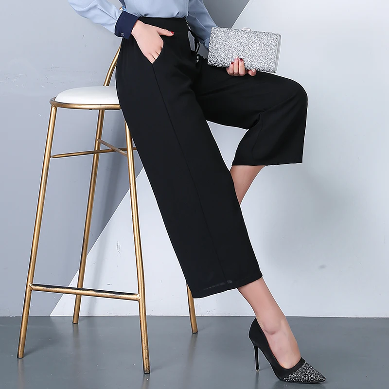 Женские брюки с высокой талией с карманами размера плюс L-4XL, женские офисные Модные свободные длинные широкие эластичные брюки для женщин