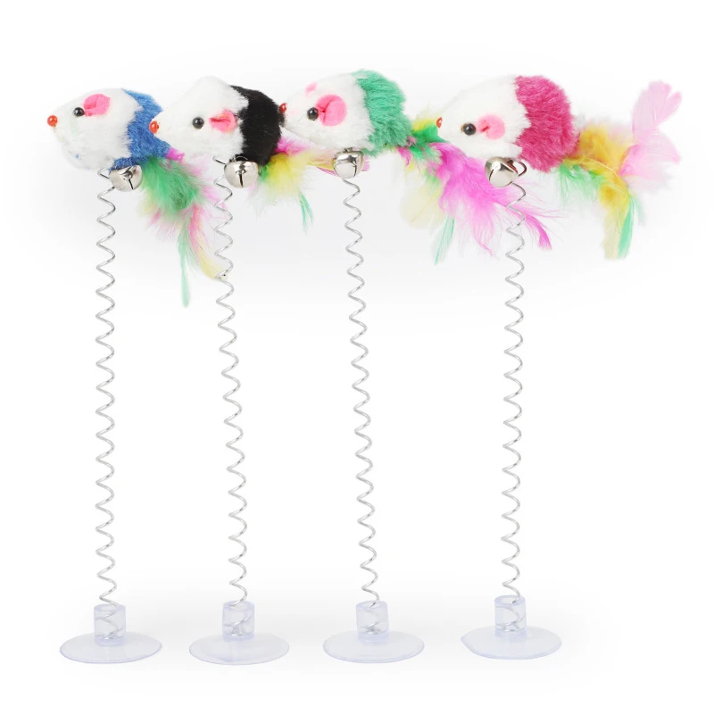 1pc Colorful Feather Cat Toys Mouse Interactive Bottom Sucker Spring Cat Scratcher Pet Toys For Cats