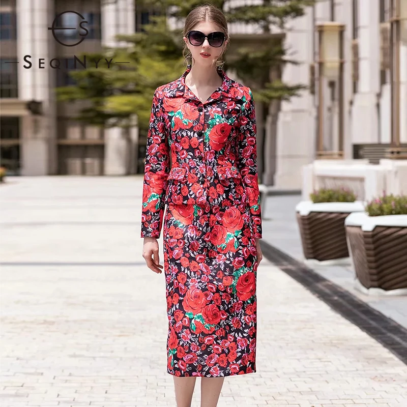 

SEQINYY Women Set 2020 Spring Autumn New Fashion Design Long Sleeve Short Jacket + Midi Skirt Jacquard Red Rose Printed Suit