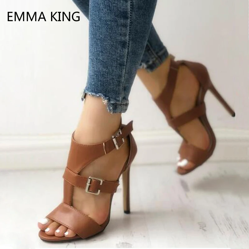 

Summer Sandals Women Brown Leather Solid Open Toe Thin High Heel Sandals Cut Out Ankle Strap Party Roman Shoes Woman Plus Size