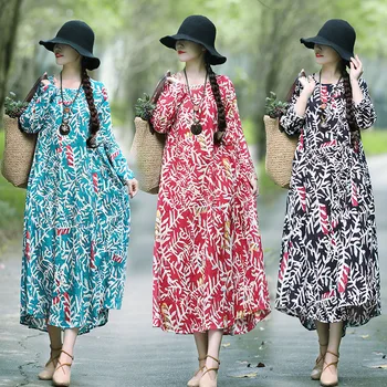 

Spring and Autumn New National Style Long-sleeved Dresses Large Size and Loose Cotton and Linen Printing Long Dress QD33
