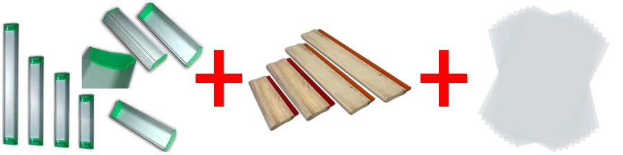 4pcs squeegee, 4pcs scoop coater, 100sheets A4 transparent film and 12yards mesh screen printing