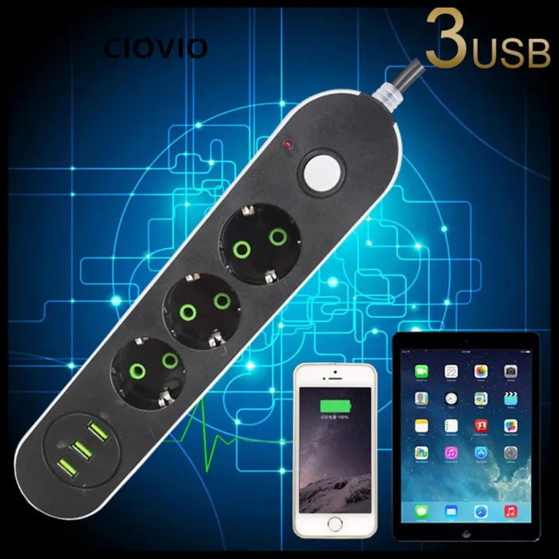 New Smart USB Power Strip Socket EU Plug 3 Outlet 3Port USB Charger -  Power Cord Wall Charger Adapt