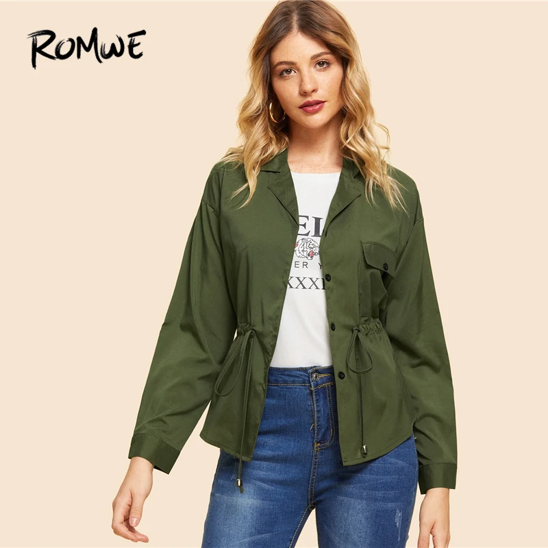 

ROMWE Chiffon Solid Drawstring Waist Blouse 2019 Spring Autumn Womens Tops And Blouses Army Green Long Sleeve Women Blouse