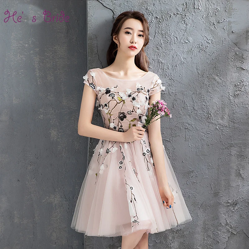 

He's Bride Pink Short Sleeves Lace Up Back Above Knee Mini Short Cocktail Dresses Custom Party Prom Dress Vestido De Coctel