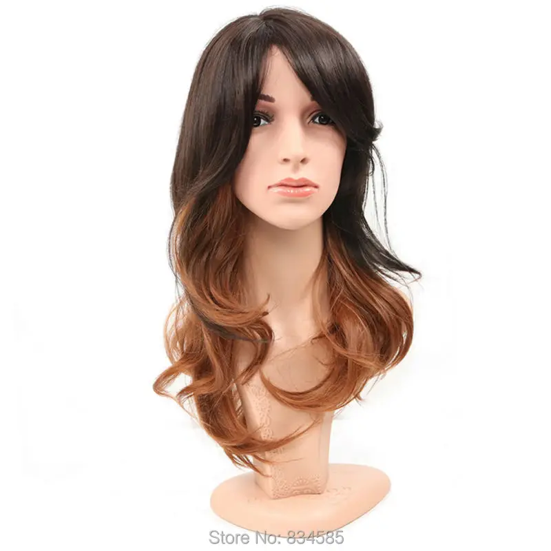 

Girls Fashion Loose Wave Curly Long Hair Women Cosplay Wig With Tilted Frisette Dark Brown+Brown