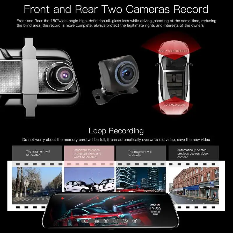 Anytek T12+ 9,66 дюймовый сенсорный автомобиля Зеркало заднего вида DVR Камера спереди 1080 p сзади 720 p Двойной объектив Ночное видение регистраторы видео Регистраторы