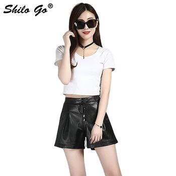 

Leather Shorts Womens Autumn Fashion sheepskin genuine leather Shorts vintage adjustable high waist wide leg shorts
