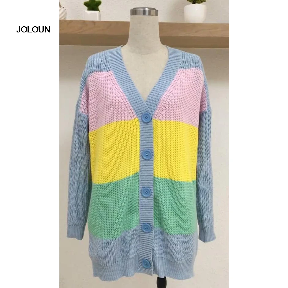 Colouful Stripe Long Cardigan Women Knitted Sweater Casaco Feminino Chaqueta Mujer Winter Streetwear Maglioni Donna Sueter