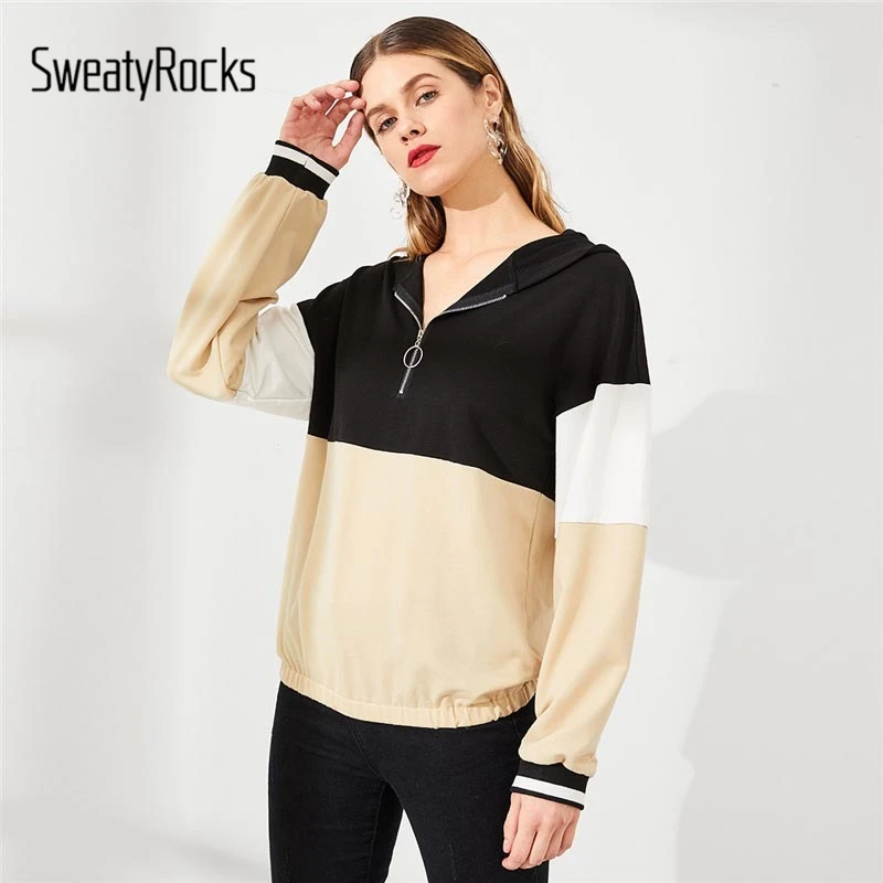 

SweatyRocks Leisure Color Block Zip Front Hoodie 2018 Autumn Long Sleeve Casual Pullovers Autumn Hooded Crop Top And Sweatshirts